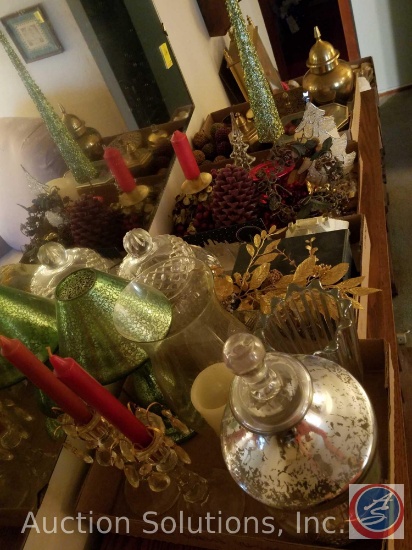Assorted Festive Holiday Decorations, Glass Lidded Vases, Candle Holders, More
