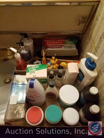 Assorted Cleaning Supplies {{PARTIALLY USED}}, Assorted Soaps, Lotions, Corner Toilet Paper Cabinet,