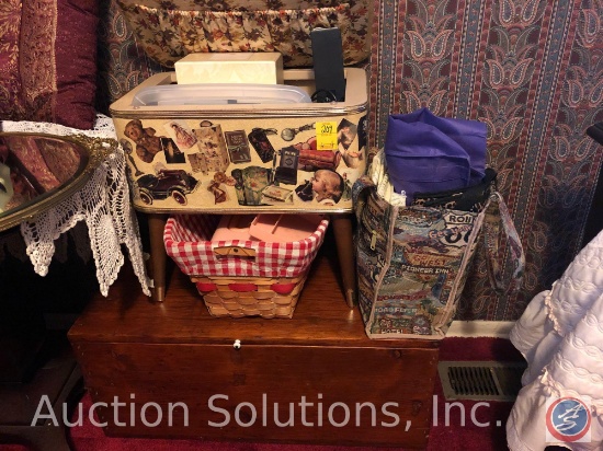 Hassock Containing Scrapbooking Supplies, Caboodle Makeup Box, Wicker Basket, Bag of Bags, Wooden