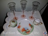 (3) Champagne Flutes, Nippon Sugar Dish and Creamer Jar and Decorative Plate