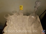 (2) Juice Glasses, (6) Champagne Flutes, Rose Glass Decanter