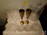 (2) Metal Champagne Flutes, Cut Glass Decanter, (2) Cut Glass Bowls, (2) Cut Glass Candle Holders,