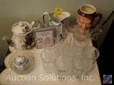 (8) Cut Glass Glassware, Candy Dish, Sugar Dish with Spoon, Candy Tray, Tr and C9 Pitcher England,