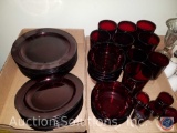 (12) Cranberry Dinner Plates (12) Cranberry Salad Plates, (7) Cranberry Glasses Marked France, (2)