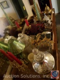 Assorted Festive Holiday Decorations, Glass Lidded Vases, Candle Holders, More