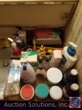 Assorted Cleaning Supplies {{PARTIALLY USED}}, Assorted Soaps, Lotions, Corner Toilet Paper Cabinet,