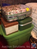 (2) Vintage Makeup Suitcases and (1) Tote with Lid Full of Scrapbooking Supplies, (1) Vintage Makeup