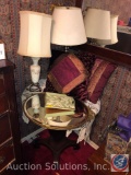 (2) Table Top Lamps, (2) Throw Pillows, Wall Clock, Wall Mirror, Pedestal Table 27