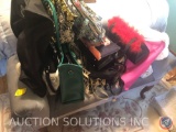 Upholstered Backless Bench, Large Assortment of Purses