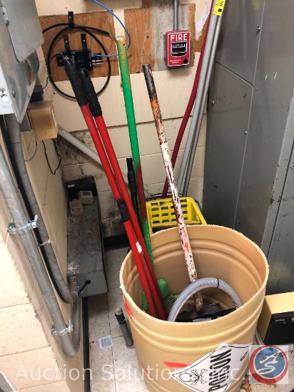 Commercial Mop Bucket, (3) Mops, Shovel, (3) Assorted Brooms, Cleaning Caddy, Rug Doctor Hoses,