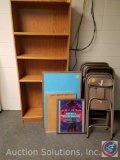 (8) Metal Folding Chairs, Bookcase with 4 Shelves {{MISSING PEGS, THREE SHELVES ARE MOUNTED}},