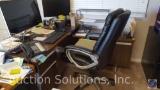 L-Shaped Office Desk, Black Leather Executive Office Chair + Chair Mat