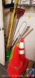 (16) Orange Construction Cones, Assorted Mop Handles, Push Brooms, More