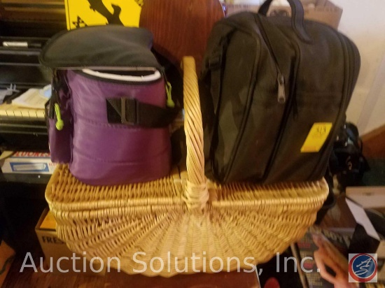 Picnic Basket with Bingo Supplies, Lunch Bag, Utensils, Rolling Pin, Wall Hanging