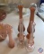Pink Epergne Bud Vase Bottom w/ (2) Pink Bases and (3) Assorted Bud Vases