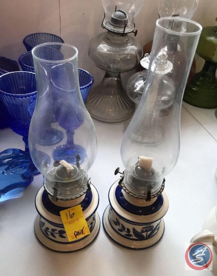 Pair of Oil Lamps, Pottery Bases w/ Two Different Sized Chimneys