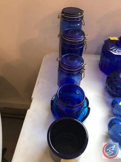 (4) Blue Glass Condiment Holders, and (1) Blue Floral Ash Tray and (1) Blue Cheese Holder