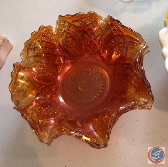 (2) Orange Carnival Glass Ruffle Edge Bowls, Hobnail Glass Bowl, Milk Glass Bowl, and Pink