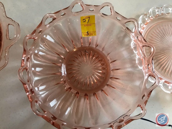 Medium Cake Plate and (2) Vegetable Dishes that are Pink Depression Glass