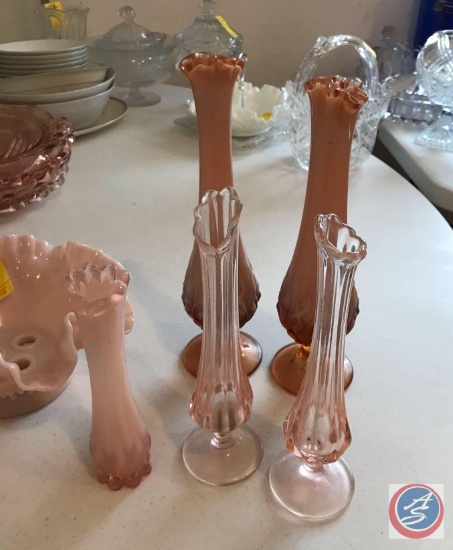 Pink Epergne Bud Vase Bottom w/ (2) Pink Bases and (3) Assorted Bud Vases