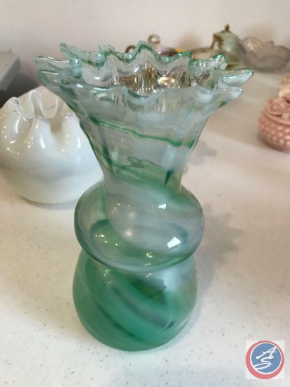 (6) Vases Including Hobnail 3'' Tall White Vase, Green Vase, Carnival Glass Vase, Crystal Vase, and