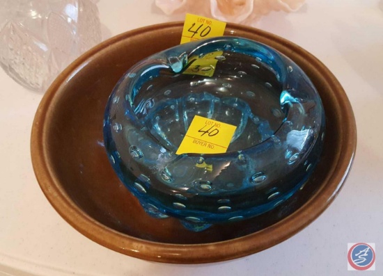 US Pottery Brown Bowl, Blown Blue Bubble Glass Ash Tray, and a Blue Ash Tray