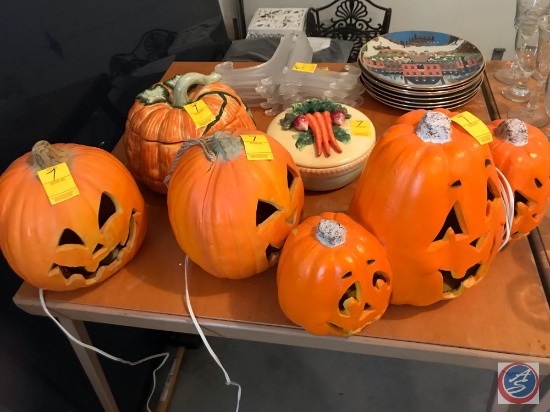 Thanksgiving Pumpkin Soup Tureen, a Covered Relish Dish, and (3) Lighted Halloween Pumpkins, and