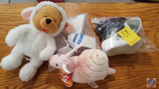 Ty Beanie Baby 'Swirly the Snail', Walt Disney Lamb, and Assorted Doll Shoes