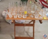 Assorted Glassware w/ a Vintage Anco-Bilt Wood Folding Table