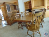 {{2x$Bid}} Wood Dining Table (42 x 66'') w/ (3) 12'' Leaves, (8) Slat-Back Chairs (Two are Captain