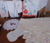 Vintage Embroidered Linens and Hand Towels, and (2) Small Half Aprons