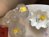 Fenton Candy Dish, Pressed Glass Brides Basket, Square Plate, and a Decorated Candy Dish and