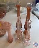 Pink Epergne Bud Vase Bottom w/ (2) Pink Bases and (3) Assorted Bud Vases