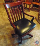 Cherry Wood and Leather Rolling Office Desk Chair w/ Arms
