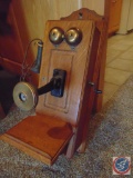 Antique Swedish American Tel.Co. Wooden Oak Wall Crank Telephone, includes Bells, Bakelite Earpiece