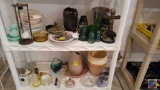 Hour Glass, (2) Shelves of Insulators, Pottery, Vintage Baking Dish, Small Cream Jars, etc.