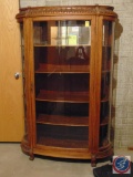 Carved Curved Glass Display Cabinet w/ Original Glass Backing. 43x16x68, Refinished