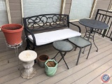 Wrought Iron Bench, Small Round Table , (2) Cocktail Patio Tables, (2) Plant Stands, and (2)
