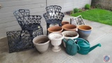 (2) Wrought Iron Garden Chairs, (2) Wrought Iron Decor Pieces, (10) Flower Pots, and (2) Watering