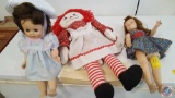 Raggedy Ann Doll and (2) Vintage Female Dolls. One Has Jointed Legs, and Both Have Opening and