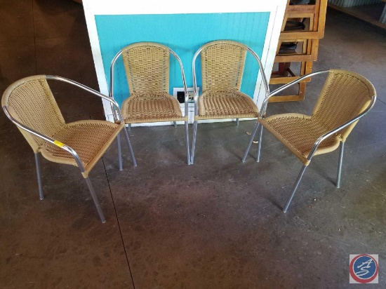 {{4X$BID}} (4) Tan Rattan Indoor-Outdoor Restaurant Stack Chairs