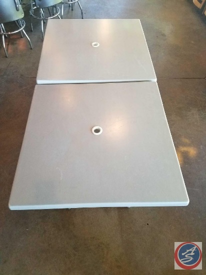 {{2X$BID}} (2) Lit Resin Umbrella Tables 35" x 35" x 28" with 2" Umbrella Holes {{UMBRELLA STANDS