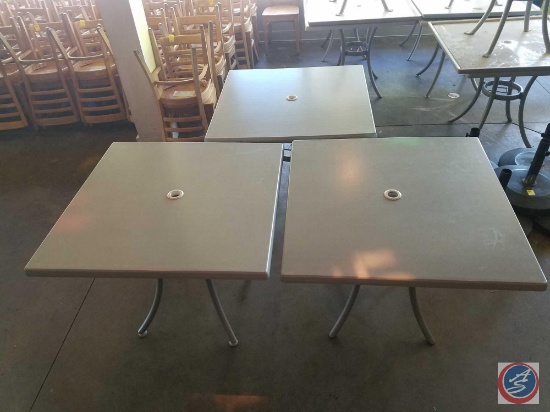 {{3X$BID}} (3) Lit Resin Umbrella Tables 35" x 35" x 28" with 2" Umbrella Holes {{UMBRELLA STANDS