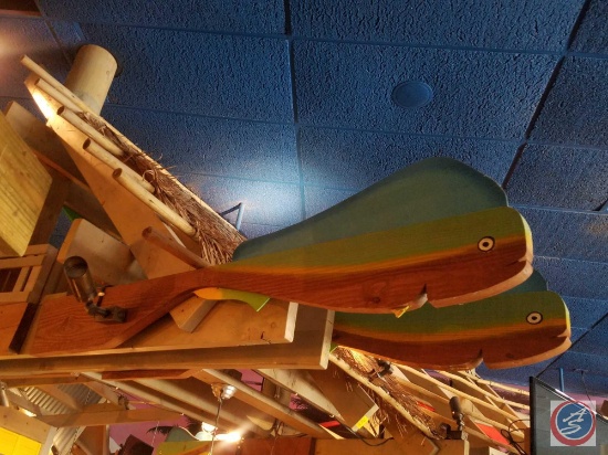 (2) Large Wood Fish {{LIGHT FIXTURE IS PART OF LOT 223. IF YOU PURCHASE THE FISH YOU MAY NOT REMOVE