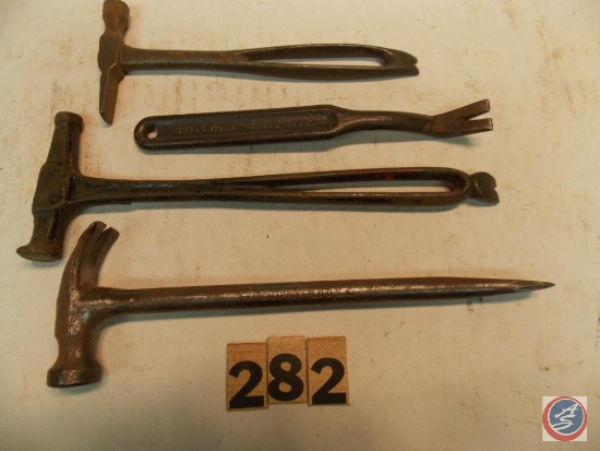 (3) Tack puller Hammers unmarked - (2) upholstery Hammers with claw not marked - Crate Hammer marked