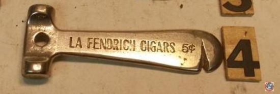 Cigar box opener marked 'La Fendrich Cigars 5 cents' - 'Charles Denby Cigars 5 cents'