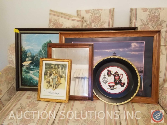 (2) Framed Wall Mirrors, Tin Kaffee Klatch Wall Hanging, Framed Vintage Grape Nuts Print, Framed
