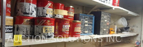 Assortment of Borkum Riff, Douwe Egberts, Union Leader Tobacco Tins Filled with Assorted Hardware