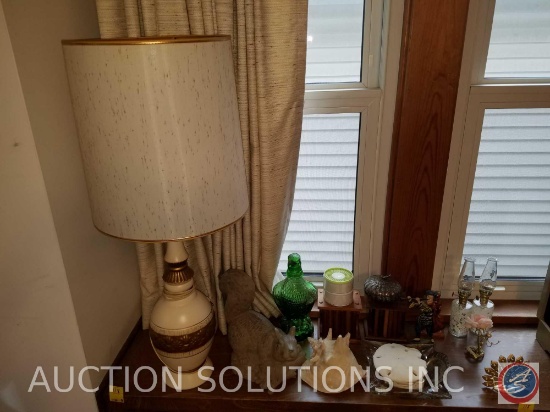 (2) Oil Lamps, Squirrel , Table Top Lamp, Ashtray, Eagle Carafe