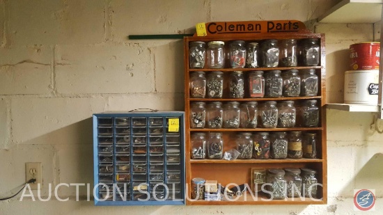 Plastic Drawer Set Filled with Assorted Hardware, Wooden Coleman Parts Shelve Filled with Assorted
